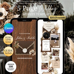 May include: A 5-page wedding website template for Canva featuring a dark wood background, an envelope graphic with a wax seal, and interactive RSVP forms. The design includes floral accents, photo placeholders, and text reading Julian & Isabella.