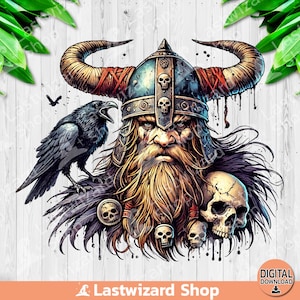 Viking Barbarian With Raven PNG, Viking Warrior Sublimation Design, Watercolor Viking Head Clipart, Norse God, Celtic Digital Download