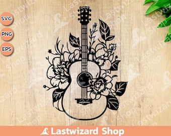 Guitar with Flower Svg Png, Acoustic Guitar With Flower, Classical Music Guitar, Vinyl Cutter Tattoo Stencil for Cricut, Musical Instrument