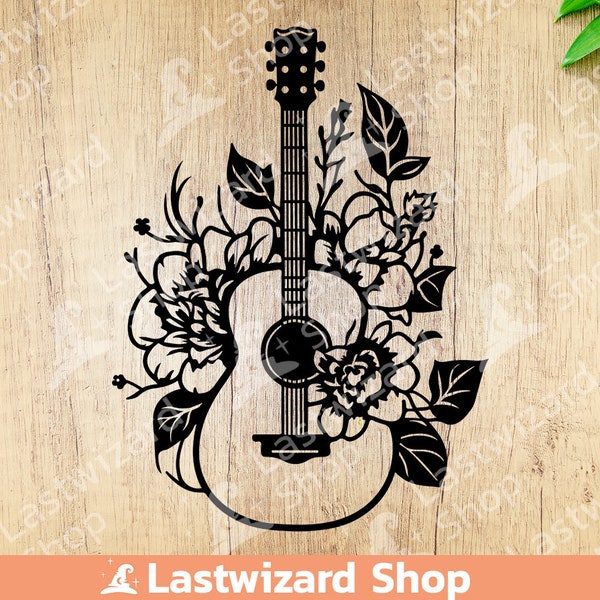 Guitar with Flower Svg Png, Acoustic Guitar With Flower, Classical Music Guitar, Vinyl Cutter Tattoo Stencil for Cricut, Musical Instrument