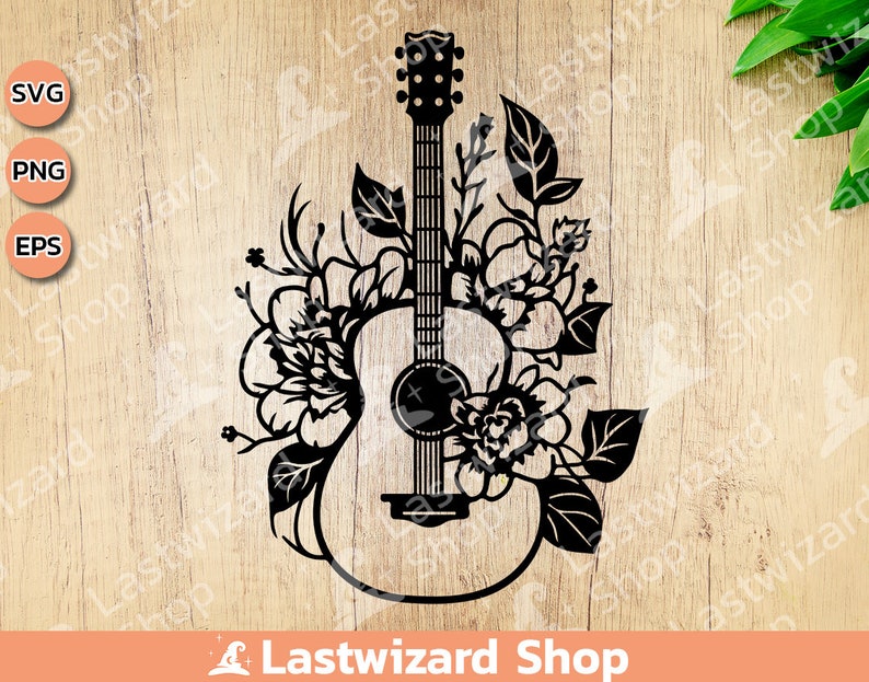 Floral acoustic guitar SVG cut file design template for Cricut and Silhouette crafting.