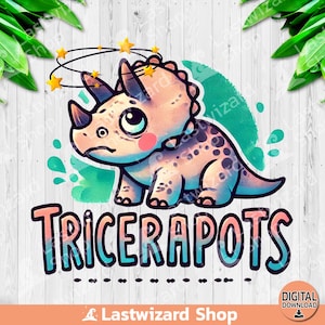 May include: A cartoon illustration of a dizzy pink and brown triceratops with a green and blue watercolor background. The text "TRICERAPOTS" is written in a colorful font below the dinosaur.