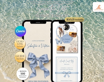 Coastal Ivory & Blue Save the Date Website Mobile Invitation with RSVP for Paperless Couple, Music | Beach Canva Wedding Template
