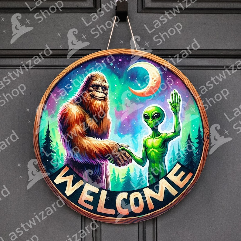 Funny Bigfoot and Alien Welcome Sign SVG, Sasquatch UFO Porch Sign ...