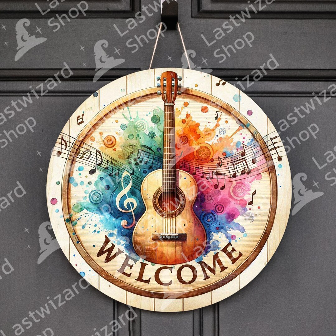 Guitar Music Notes Welcome Sign PNG: Vintage Door Hanger (12 Inch ...