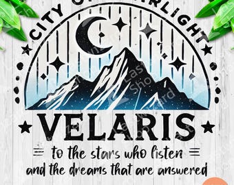 Velaris City of Starlight PNG, Night Court Bookish Sublimation, ACOTAR Fan Gift Digital Download, Starfall Mountain Range Library Graphic