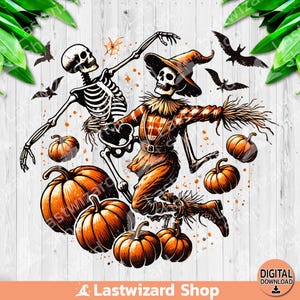 Skeleton And Scarecrow Dancing With Fall Pumpkins PNG, Skeletons Dance Sublimation Design, Watercolor Funny Halloween Clipart, Digital