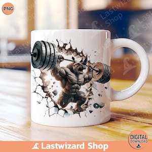 3D Rhino Lifting Barbell Hole Wall Cracked Mug Wrap 11oz & 15oz Mug Wrap Template, Funny Fitness Coffee Mug Png Sublimation Design, Gym Gift