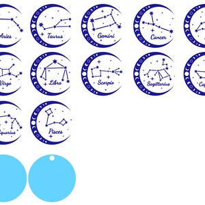 Puede incluir: Doce dise&ntilde;os circulares azules y blancos con los signos del zod&iacute;aco y sus nombres. Los signos son Aries, Tauro, G&eacute;minis, C&aacute;ncer, Leo, Virgo, Libra, Escorpio, Sagitario, Capricornio, Acuario y Piscis. Dos c&iacute;rculos azules en blanco est&aacute;n en la parte inferior de la imagen.