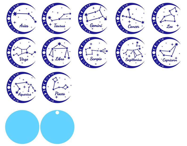 Puede incluir: Doce dise&ntilde;os circulares azules y blancos con los signos del zod&iacute;aco y sus nombres. Los signos son Aries, Tauro, G&eacute;minis, C&aacute;ncer, Leo, Virgo, Libra, Escorpio, Sagitario, Capricornio, Acuario y Piscis. Dos c&iacute;rculos azules en blanco est&aacute;n en la parte inferior de la imagen.