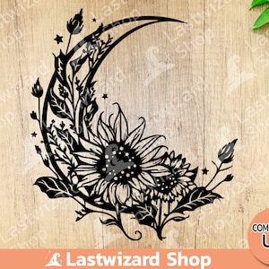 Crescent Moon with Sunflower SVG PNG File, Lunar Phase Svgm Witchcraft Celestial Moon T shirt, Witch Wall Decor, Cricut, Engagement Gift