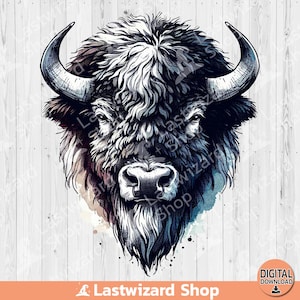 May include: A black and white illustration of a bison's head with a watercolor background. The bison has a thick, shaggy coat and a large, prominent nose.