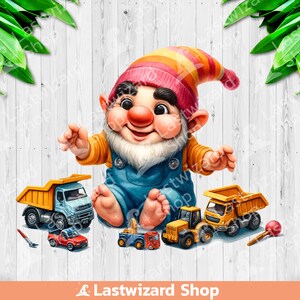 Gnome Play With Construction Vehicles Toy PNG, Truck Lovers Sublimation Design, Boy Digger Clipart, Drum Truck Boy Png,  Digital Download