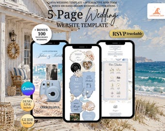 Dusty Blue Beach Photo Booth Wedding Website Template: Fairytale Canva Wedding Website, RSVP & Live Countdown | Mobile Digital Invitation