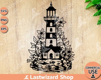Lighthouse with Flowers Svg, Lighthouse, Beach Club Svg, Summer Svg, Sea, Ocean, Lighthouse Keeper, Png, Cut Files For Cricut, Silhouette