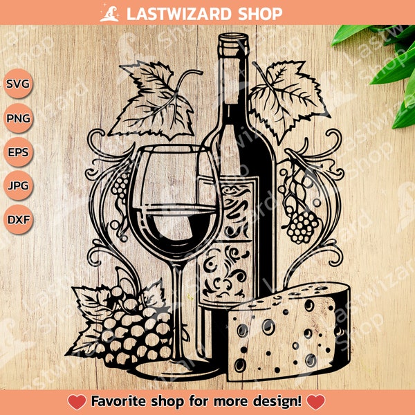 Vino e formaggio Svg, degustazione di vino rosso Png, vino bianco Svg, uva in formato Svg, azienda vinicola del Chianti, incisione laser, taglierina in vinile Cricut, regalo per gli amanti del vino