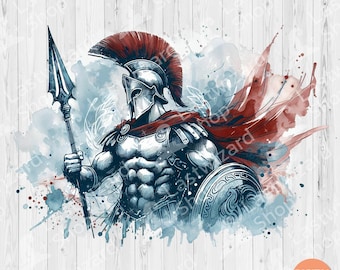 Watercolor Spartan Warrior PNG, Trojan Helmet Sublimation Design, Ancient Greek Soldier Digital Art, Gladiator Men Apparel Download