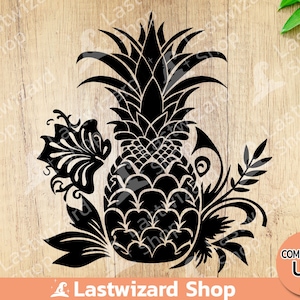 May include: Black and white silhouette of a pineapple with floral accents. The pineapple is surrounded by leaves and a butterfly.