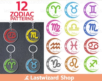 12 Zodiac Keychain Sign Svg Bundle, Astrology Svg, Horoscope Sign Svg, Keyring Background Svg, Key Fob Svg, Keychain Patterns Png Eps Dxf