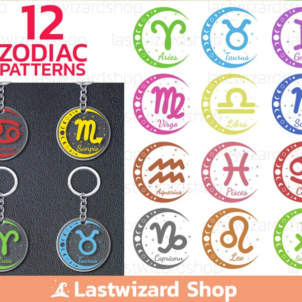 12 Zodiac Keychain Sign Svg Bundle, Astrology Svg, Horoscope Sign Svg, Keyring Background Svg, Key Fob Svg, Keychain Patterns Png Eps Dxf