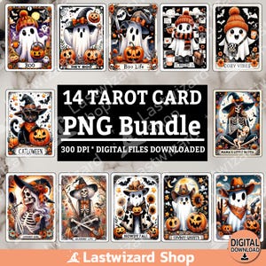 Pacote 14 Cute Ghost Tarot Card PNG, Design de Sublimação de Halloween, Clipart de Fantasma Assustador de Outono em Aquarela, Abóbora de Outono PNG, Bruxa PNG
