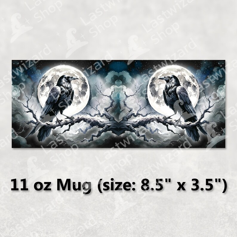 Dark gothic night sky with a mythical Norse crow illustration for 11oz and 15oz mug sublimation designs.