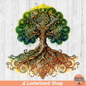 May include: A digital illustration of a tree of life with intricate roots and branches. The tree is painted in shades of green, yellow, and gold, with a watercolor effect. The background is a white woodgrain texture.