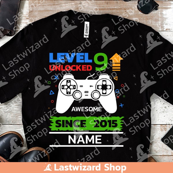 Gamer Level Up 9 Unlocked with Monogram Svg, 9th Years Name Label, Gaming, T shirt, Cricut, Silhouette, Png Sublimation, Birthday Boy Gift