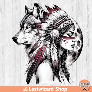 Puede incluir: Una ilustración en blanco y negro de un lobo con un tocado rojo y blanco con plumas. El lobo mira hacia la izquierda y el tocado cubre el ojo derecho del lobo. El fondo es una superficie de madera blanca.