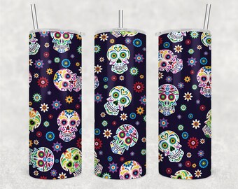 Kubek z czaszką cukrową do sublimacji dla sprzedawców na targu, kolorowa meksykańska sztuka ludowa, 20-uncjowa cienka folia | Projekt butikowy Dia De Los Muertos