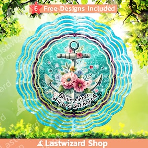 Floral anchor wind spinner PNG sublimation design with colorful roses and nautical rope for coastal beach garden patio decor digital file