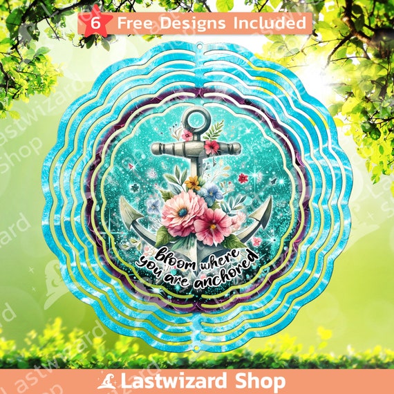 Floral Anchor Wind Spinner PNG, Nautical Flower Garden Spinner Sublimation, Coastal Beach Porch Patio Decor Digital Download