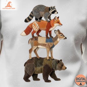 May include: A whimsical design featuring a bear, deer, fox, and raccoon stacked on top of each other. Each animal is crafted from various fabric patches, creating a unique, textured appearance. The image has the text "LASTWIZARD SHOP" and "DIGITAL DOWNLOAD".