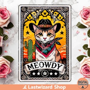 Carte de tarot miaou PNG, sublimation, carte de Tarot amoureux des chats, cowboy PNG, mère des amoureux des chats, carte de tarot chat Png, cowboy vintage Png