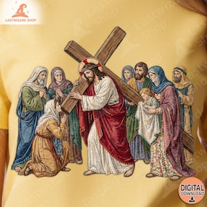 Può includere: Illustrazione digitale di Gesù che porta una croce, circondato da figure in abiti. L'opera d'arte utilizza una tavolozza di colori caldi con ombreggiature e trame dettagliate. Il testo "DIGITAL DOWNLOAD" è visibile in basso a destra.