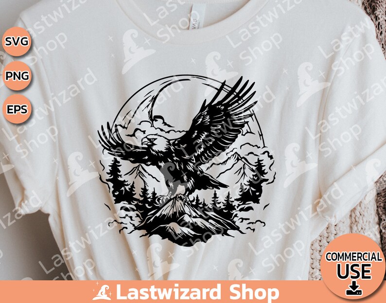 May include: Black and white silhouette of an eagle flying over a mountain range with clouds in the background. The eagle is in flight with its wings spread wide. The mountain range is in the distance and the clouds are in the foreground.