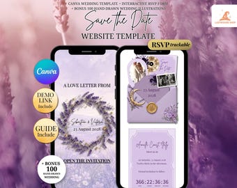Save The Date Wedding Lavender Celestial For Paperless Couples | Lunar Digital Invitations Mobile Announcement RSVP, Editable Canva Template