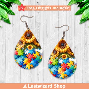 Autism Awareness Earrings: Sunflower Puzzle Teardrop Design (PNG)