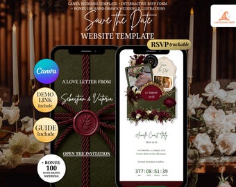 Olive Green & Burgundy Floral Save the Date Website Template with Envelope | Vineyard Editable Canva Wedding Website with RSVP, Music