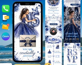 Ocean Quinceanera Invitation Website With RSVP Link And Music | Blue And Silver Quince Canva Digital Invite | XV Website Invitation