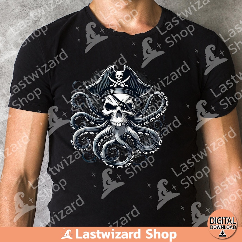 Grunge pirate theme watercolor octopus skull digital download perfect for making edgy halloween decor or nautical gifts.