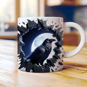 3D schwarzer Rabe Mond Becher Wrap PNG, Viking Crow Sublimation, nordische Mythologie 11oz 15oz Kaffeetasse Design, Gothic Night Sky Digital Download
