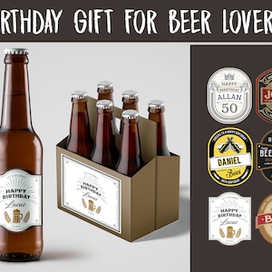 Soporte de cartón personalizado de botella de cerveza de seis paquetes + etiquetas de cerveza / Regalo de cumpleaños personalizado / Regalo para amantes de la cerveza / Regalo de cumpleaños original
