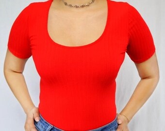 Red Bodysuit / Soft Bodysuit / Short Sleeve Top / Red Top