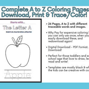 Op de afbeelding: Een digitale download van A tot Z kleurplaten. De afbeelding toont een zwart-wit appelomtrek met het woord "Apple" in traceerbare letters. De tekst luidt "Complete A to Z Coloring Pages Download, Print & Trace/Color!"