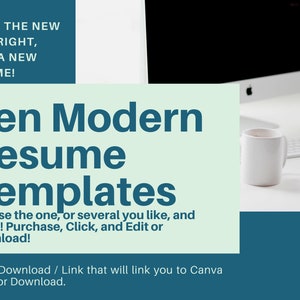 May include: A digital download advertisement for ten modern resume templates. The text reads "Start the new year right, with a new resume!" and "Ten Modern Resume Templates." The image includes a computer, keyboard, and a white mug.