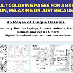Malbuch für Erwachsene für Angst, Entspannung, Inspiration und Spaß! 45 Digital Download Seiten, wiederverwendbar!