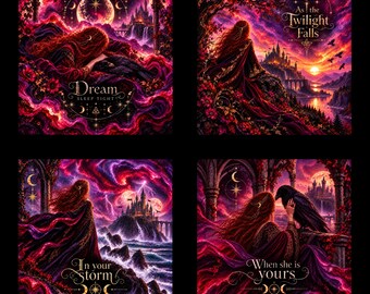 May include: Four square digital art prints featuring a person with long red hair in a fantasy landscape. Text includes: Dream Sleep Tight, As the Twilight Falls, In your Storm, and When she is yours. The scenes depict castles, ravens, and moons.