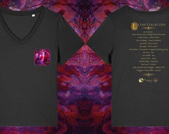 May include: A black V-neck t-shirt featuring a small, vibrant pink and purple graphic on the front left chest. The back of the shirt displays gold text listing LE FAY COLLECTIVE and various ingredients, including baking soda and essential oils.