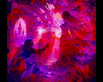 May include: A digital art print featuring a kneeling figure reaching towards a standing figure amidst a vibrant, swirling background of deep magenta, purple and red hues. A faint, glowing silhouette of a castle archway appears in the distance.